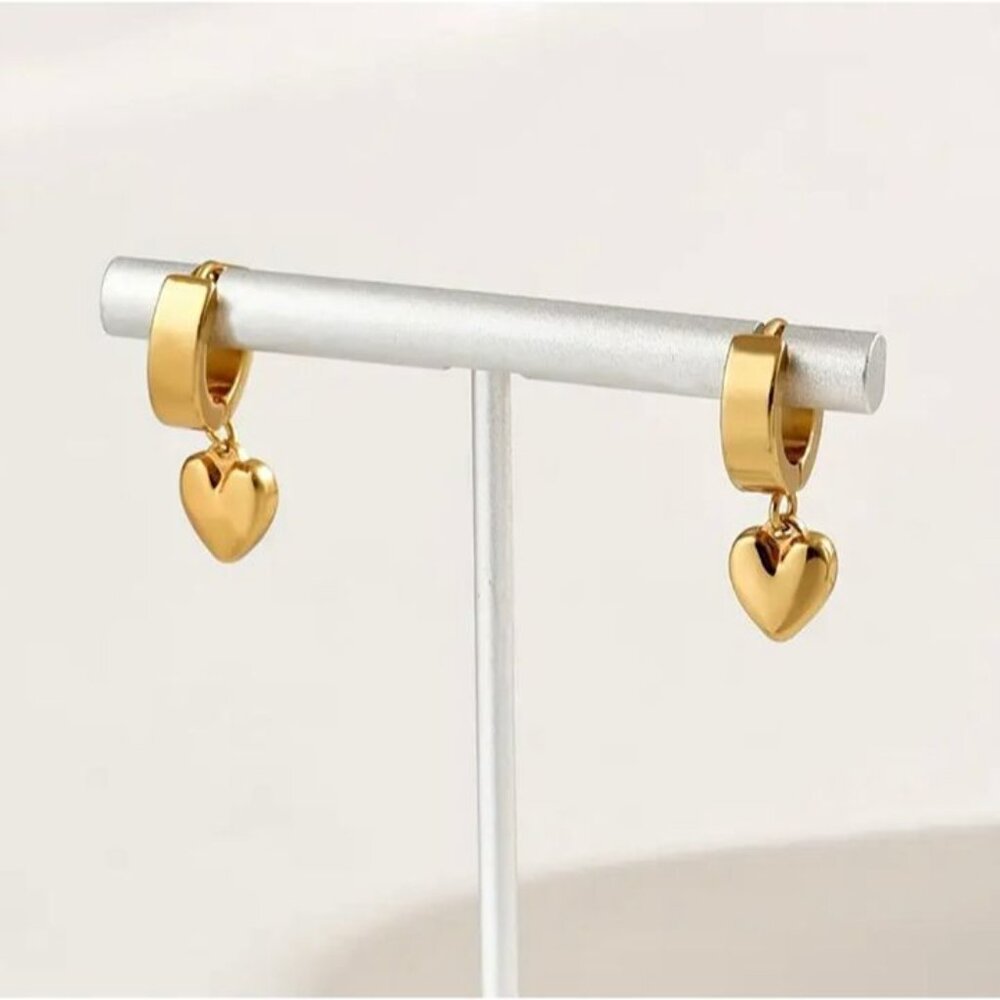 Dainty Dangle Heart Huggie Earrings - Picture 3 of 5